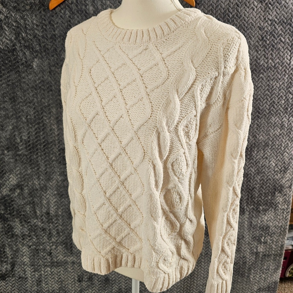 Sweet Envy Cream Chenille Cable Knit‎ Sweater Womens Medium Crew Neck Soft Cozy